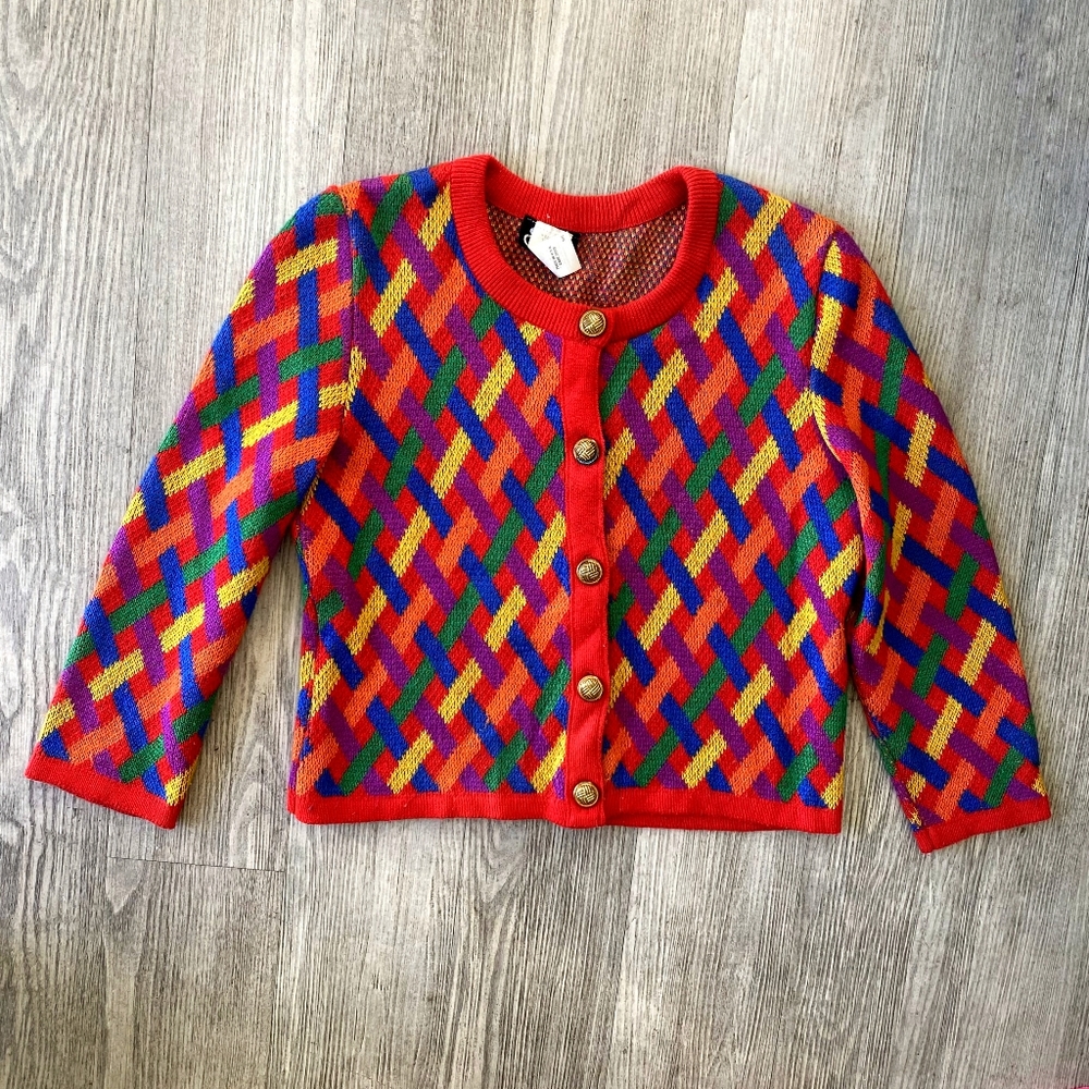 Vintage Sybil Button Up Cardigan Patchwork Vibrant Geometric Pattern Lar…
